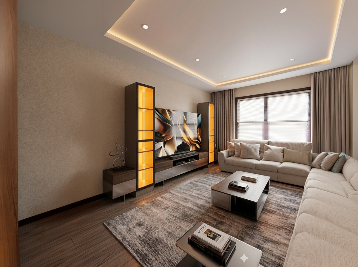 Entertainment center with illuminated shelving